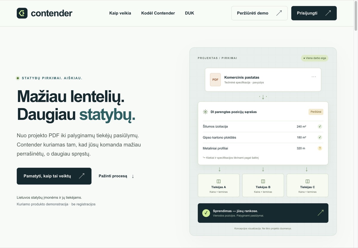 Contender viešas puslapis: statybų pirkimų koncepcija nuo projekto PDF iki tiekėjų pasiūlymų.