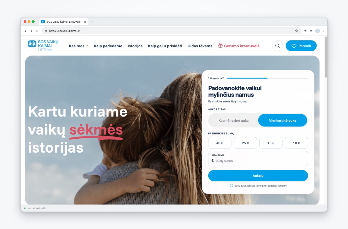 SOS vaikų kaimai Lietuvos pradžios puslapis rodomas naršyklės lango peržiūroje.